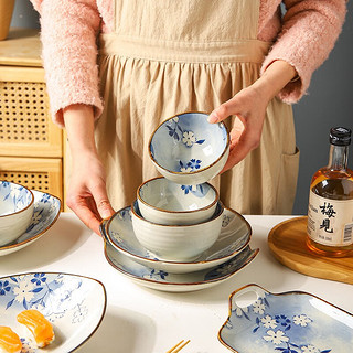 舍里日式蓝色樱花餐具碗碟套装家用特别好看的碗盘子汤碗米饭碗碟组合 8.2英寸圆盘 单个入