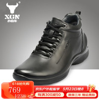 XGN 小公牛男鞋时尚潮头层牛皮高帮休闲旅游鞋英伦风皮靴户外中帮靴子 奥特黑色 39