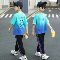明森贝儿童装男童夏装套装新款中大童男孩衣服夏季短袖薄款帅气两件套潮 湖蓝色 110cm(身高105左右)