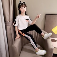 童心觅(TONGXINMI)女童套装夏季新款儿童短袖两件套中大童女孩宽松衣服运动休闲衣服 黑白配套装 120cm