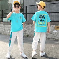 明森贝童装男童套装夏装2023新款中大儿童韩版小男孩短袖休闲运动两件套 天蓝色 160cm(身高155左右)