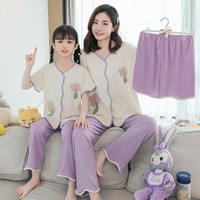 李小姐 母女睡衣短袖薄款夏季女童女孩家居服亲子大童居家服三件套夏天 LDR2025紫花(三件套) 140cm(16码 建议身高135-145)