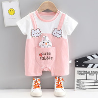 潮牌猪新生儿婴儿衣服背带夏季时尚小宝宝婴幼儿连体衣哈衣夏装童装厂家 短袖假背带口袋小兔  粉 73CM