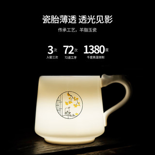 祥业羊脂玉茶杯茶水分离陶瓷杯办公室带盖泡茶过滤个人专用高档马克杯 玉瓷办公杯-九桃如意