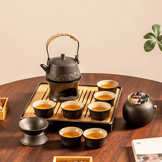 瓷牌茗茶具（cipaiming teaset）黑陶茶具套装家用会客高档温茶炉保温煮茶器 黑陶《海浪》侧把7件+烛台