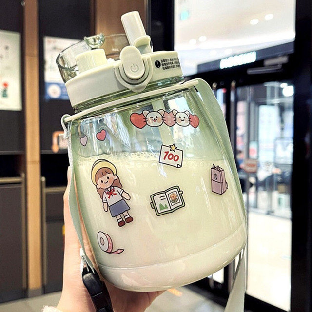 qianwei 乾卫 开学季大肚水杯女大容量女学生儿童吸管杯网红杯子便携个性双饮杯 绿色1300ML