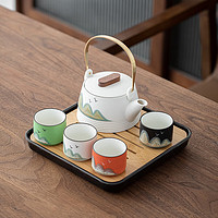 墨守黑陶功夫茶具创意小套装家用泡茶壶陶瓷功夫茶器茶杯户外旅行茶具 千里江山多彩杯一壶四杯(白提梁