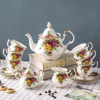 SDX英式骨瓷咖啡具套装下午茶茶具老镇玫瑰欧式咖啡杯碟结婚生日礼物 糖缸 15件