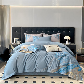 眠度床上四件套纯棉100%高端轻奢100支全棉刺绣被套床单床上用品 梦幻花园(天际蓝) 1.5/1.8m床四件套