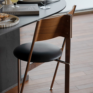 吱音H椅中古ins风中式餐椅设计复古头层牛皮不锈钢椅子