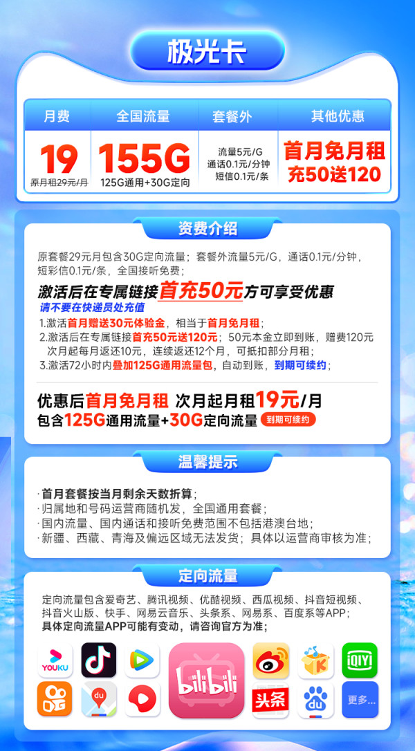 CHINA TELECOM 中国电信 极光卡 19元月租(155G全国流量)激活送20元红包