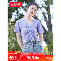 班尼路BalenoT恤夏季韩版女装抽绳短款修身镂空针织衫短袖V领上衣 75P 淡色紫 L