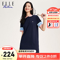 ELLE Active 活力减龄撞色连衣裙春夏针织透气显瘦POLO领短袖T恤裙运动裙女 宝蓝色 S