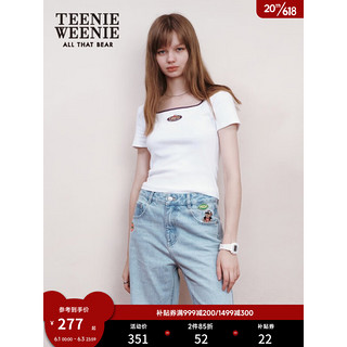 TEENIE WEENIE 小熊2023夏季新款基础款U领条纹刺绣短袖T恤上衣女 白色 155/XS