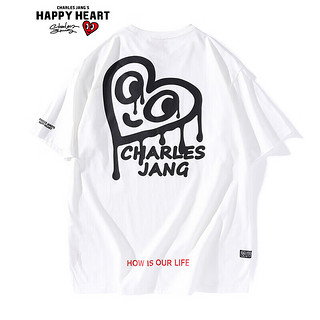 CHARLES JANG'S HAPPY HEART 查尔斯桃心 卡通爱心手绘印花Logo休闲圆领短袖T恤 男女同款 本白 L