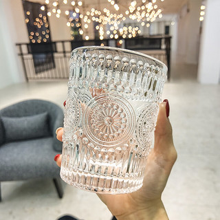 钢盾 玻璃杯女夏季浮雕玻璃吸管喝水杯子咖啡牛奶杯高颜值带盖家用复古 透明矮款单杯