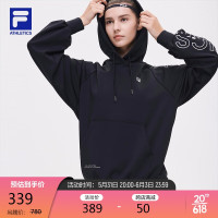 FILA 斐乐 ATHLETICS斐乐官方连帽卫衣女子长袖宽松套头衫秋冬运动休闲时尚针织弹力字母印花女装 深黑-BK 175/92A/XL