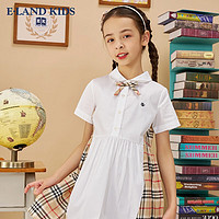 E·LAND KIDS童装2023年夏季女童时尚拼接格纹娃娃领连衣裙 White白色10 160cm