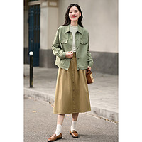INMAN 茵曼 秋女装新款复古刺绣设计感棉质小个子宽松显瘦外套短夹克 灰绿色 M