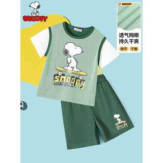 SNOOPY 史努比 童装儿童套装男童夏装短袖短裤两件套中小童网眼宝宝衣服 S网眼滑板套绿色 100CM