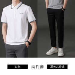 ROMON 罗蒙 冰丝套装夏季宽松九分休闲西裤男长裤修身韩版短袖POLO衫两件套潮