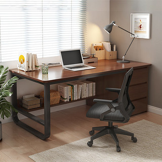 木匠印记电脑桌家用台式电脑桌书桌办公写字桌带书架储物简约简易桌子 深胡桃色100cm