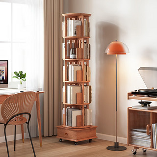 隆上隆旋转书架360度家用书柜实木落地可移动收纳置物架 六层圆形奶油白