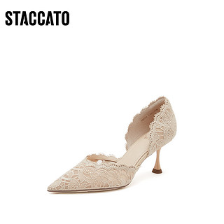 STACCATO 思加图 2023新款仙女蕾丝鞋婚鞋法式尖头浅口高跟女单鞋ED334AK3C