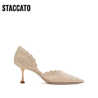 STACCATO 思加图 2023新款仙女蕾丝鞋婚鞋法式尖头浅口高跟女单鞋ED334AK3C