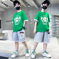 诺佳微淇童装男童套装2023夏季新款儿童衣服休闲运动5-15岁中大孩子两件套 绿色 160码