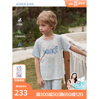 爱慕儿童(AIMER KIDS)男女童短袖睡衣/七分睡裤夏轻薄透气莫代尔印花防蚊家居服小蚊帐 男孩-上衣 130