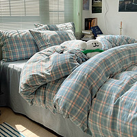 曼克顿（MANKEDUN）简约格子日式纯棉四件套全棉水洗棉超柔软裸睡床单被套床上用品 映像蓝 三件套1.2m床适用-被套150*200cm