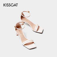 KISSCAT 接吻猫 简约蝴蝶结时装粗跟一字带凉鞋女