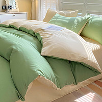 曼克顿（MANKEDUN）isn简约韩系公主风水洗棉四件套时尚双拼纯色床单被套床上用品 抹茶绿+奶黄 四件套1.8m床适用-被套180*220cm