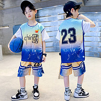 LMIX 无 童帖儿童夏装篮球服套装2023年男童运动短袖中大童男孩洋气两件套速干 蓝色 160码(建议身高155cm左右)
