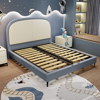 水星男童床小户型青少年皮床简约实木软包卧室单人床 1.5*2.0米 床+床垫+床头柜*1
