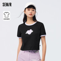 森马 Semir短袖T恤女短款纯棉内搭2023夏新款复古俏皮印花撞色套头衫潮