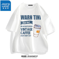真维斯（JEANSWEST）短袖t恤夏季汗衫纯棉体恤衫男女同款青少年学生大码上衣情侣T恤衫 白（墨西哥蓝） XL(推荐体重130斤-150斤左右)