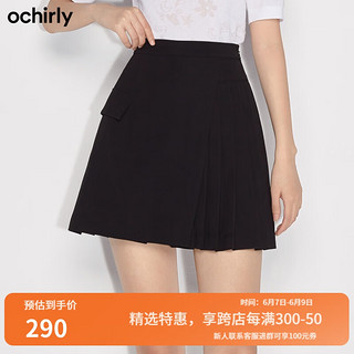 ochirly 欧时力 新款春装高腰排褶a字短裙jk半身裙女 黑色090 S