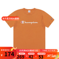 夏季经典款印花草写LOGO圆领休闲运动T恤无性别Champion短袖男女情侣 橘色 S