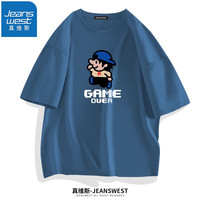 真维斯(JEANSWEST)短袖t恤夏季汗衫纯棉体恤衫男女同款青少年学生大码上衣情侣T恤衫 牛仔蓝(游戏结束白) M(推荐体重100斤-110斤左右)