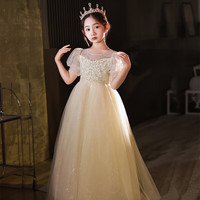 apfelbaum女童礼服花童婚礼小女孩公主裙儿童高端主持人生日钢琴演奏演出服 香槟色短袖长款 110