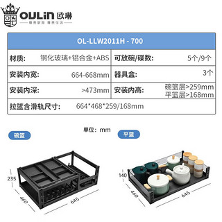 欧琳（OULIN）拉篮抽屉式碗篮半抽三层不沾油厨房碗碟拉篮双层钢化玻璃阻尼导轨 2011系 三层半抽型