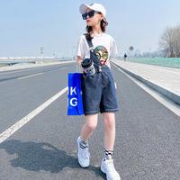 花菈猫女童牛仔背带短裤夏季套装2023新款洋气时髦儿童中大童韩版夏装潮 白色 120cm