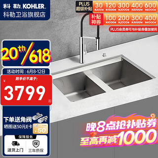 科勒（KOHLER）艾歌手工水槽洗菜盆台下槽家用厨房304不锈钢水池厨盆3673T预售 艾歌手工双槽+99887龙头