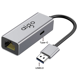 aigo 爱国者 USB3.0转千兆有线网卡 RJ45网线接口转换器 笔记本扩展坞电脑外置网口拓展坞type-c供电铝合金