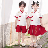 芯时代六一儿童演出服男女童汉服中国风夏装唐装中小学生诗歌朗诵表演服 KL23X89女生套装 140码