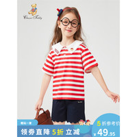 Classic Teddy精典泰迪女童T恤短袖儿童衣服中小童装夏季套头上衣夏装上新薄款 海军领泰迪大红条纹 130