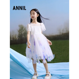 Annil安奈儿童装女童礼服裙子2023年夏装新款度假风连衣裙荷叶边仙女公主裙 米白 120cm
