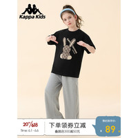 Kappa Kids卡帕儿童t恤女童短袖纯棉中大童装2023夏季宽松圆领打底衫 黑色 150丨适合身高140cm-150cm